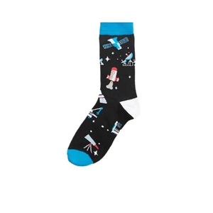 Detail of space-themed cotton socks featuring cartoon rocket and satellite patterns