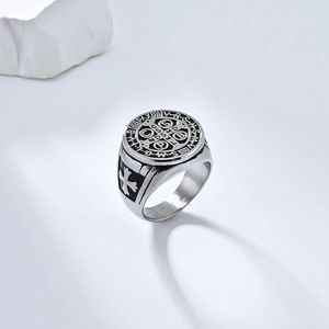 Men's vintage Saint Benedict medal cross ring in oxidized stainless steel, punk style