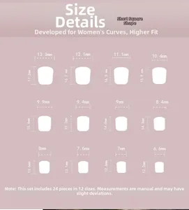 Detailed size chart for short square press-on nails featuring 12 different width measurements