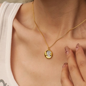 Stern Mond Anhänger Halskette Edelstahl 18K Vergoldet Perlmutt Rund Münze Rhinestone Schmuck Für Damen