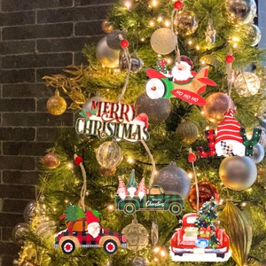 Christmas Wooden Ornaments Set Santa Claus Truck Gnome Hanging Pendants For Christmas Tree Decor Holiday Home Party Wood Chips