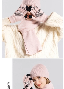 Pink winter knit set featuring touchscreen gloves with anti-slip grip and warm scarf