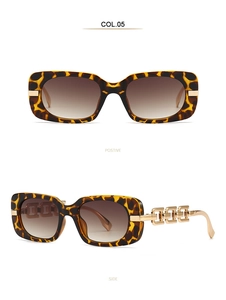Detail of tortoise shell rectangle sunglasses with decorative hollow metal chain temples