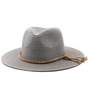 Classic dark grey straw fedora hat for women with a brown braided band for sun protection