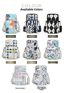 Detail of oxford cloth crossbody phone bags in eight patterns with adjustable straps