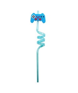 Detailed macro shot of a blue spiral reusable straw with a gaming controller attachment