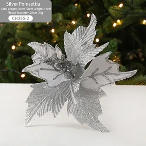 Handmade 26cm silver artificial velvet Christmas flower with glitter for DIY festive decor