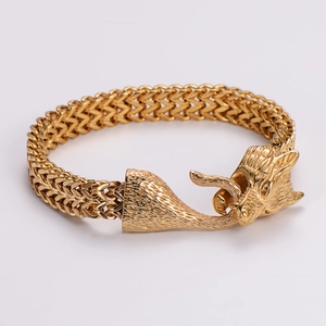 Gold stainless steel Viking wolf head double wheat chain bracelet for men