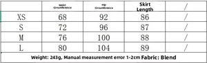 Detailed size chart for striped crop top and midi skirt with measurements in cm