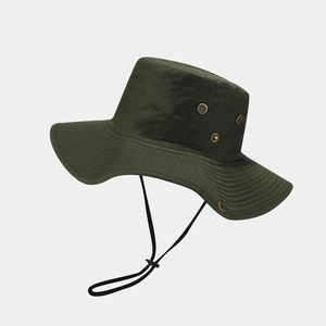 Detail of dark green wide brim sun hat with ventilation eyelets and adjustable chin cord