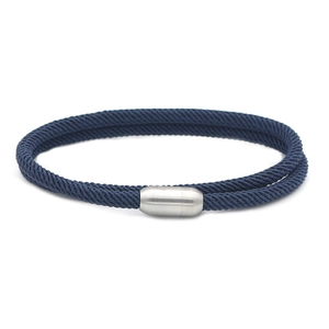 Navy blue double-wrap braided rope bracelet with a matte silver magnetic metal clasp