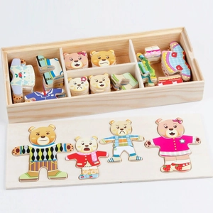 Montessori Wooden Magnetic Dressing Puzzle Lacing Toy Cartoon Bear Rabbit Toddler Educational Learning Game Storage Box
