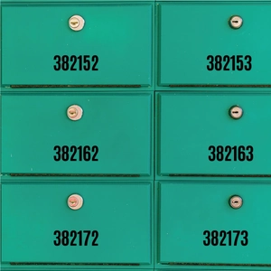 Close-up of green lockers with black numbered vinyl stickers and metal locks