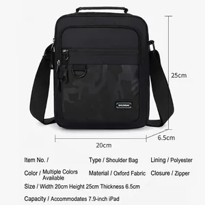 Waterproof black crossbody bag with camouflage panel and 20x25x6.5cm dimensions