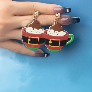 Christmas Santa Hot Cocoa Cup Drop Earrings Acrylic Red Coffee Mug With Cream Holiday Party Jewelry For Women Girls