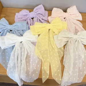 Oversized Swiss dot chiffon bow hair clips set in six vibrant assorted colors