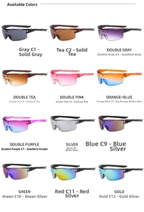 Detailed array of twelve cycling sunglasses showing various lens colors and mirror coatings