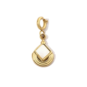 Detail of square shell inlay on golden geometric titanium steel pendant with spring clasp