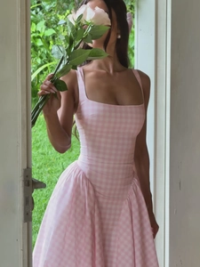 Women Gingham Plaid Sleeveless Square Neck A-Line Midi Dress Retro French Style Polyester Spandex Elegant Summer Chic