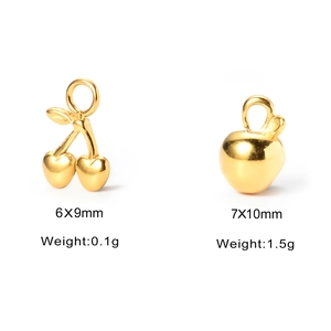 Polished 18k gold plated stainless steel cherry and apple charms with precise dimensions