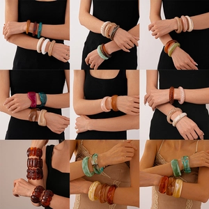 Retro acrylic resin geometric bangles in multiple colors and marbled textures for women