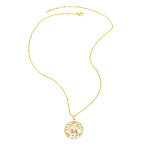 Golden heart-shaped pendant necklace featuring two figures with colorful zircon accents