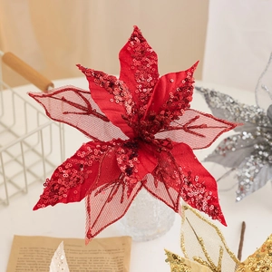 Sparkling red artificial Christmas flower with sequins and mesh for holiday wreaths