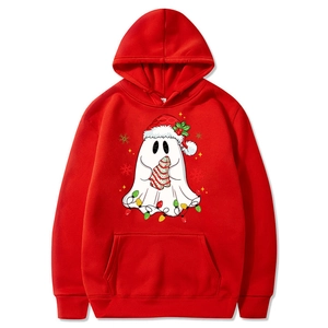 Red Christmas hoodie with ghost and holiday print on a clean white background