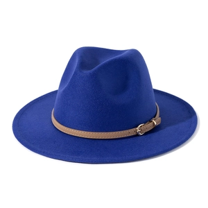 Classic royal blue wool felt fedora with khaki leather belt and gold buckle for women
