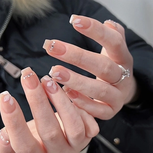 Handmade Press On Nails Pink Gradient White Flower Artificial Pearl Rhinestone Ballet Square Shape Sweet For Women