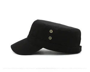 Side view of black cotton cadet cap showing metal eyelets and adjustable buckle