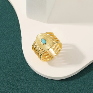 Golden multi-layer wide ring with turquoise stone inlay and textured open adjustable band