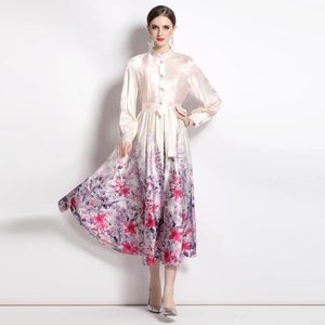 Satin floral print midi dress with stand collar and lantern sleeves in off-white