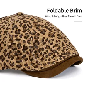 Retro leopard print ivy cap featuring a foldable long brim and soft suede-like texture