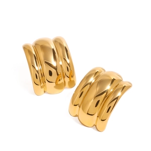 Modern gold plated chunky triple-hoop earrings with a mirror polished C-shape design