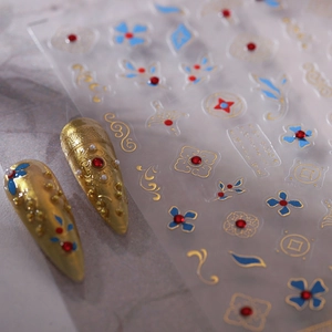 5D Relief Nail Art Stickers Vintage Chinese Style Blue Floral Gold Foil Adhesive Decals With Red Rhinestones Elegant DIY Manicure