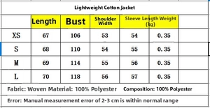 Detailed size guide table for women's diamond-quilted padded jacket with metric measurements