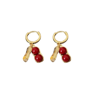Gold plated peanut earrings with red glass beads in a modern vintage Chinese style