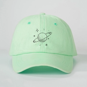 Unisex washed mint green baseball cap with a minimalist black line planet embroidery
