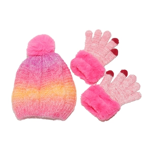 Winter kids knit hat and gloves set with pink gradient tie-dye and faux fur pom pom