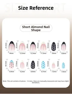 Size chart for French almond press-on nails featuring various dot pattern designs