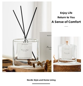 Modern home aromatherapy set featuring a glass bottle, reed diffusers, and premium box