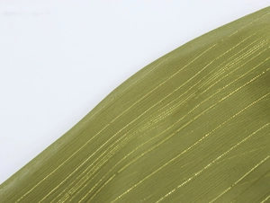 Detailed close-up of army green chiffon fabric with metallic gold thread stripes