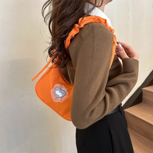 Orange casual underarm bag with ruffled strap and heart rabbit embroidery for women
