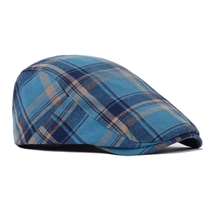 Men's thin cotton flat cap with blue and brown plaid pattern for summer outdoor sun protection
