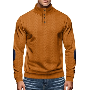 Macro shot of men's cable knit sweater elbow patch and buttoned stand collar texture