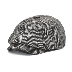 Casquette Gavroche Vintage Style Britannique à Chevrons pour Hommes Bonnet Plat Chaud en Mélange de Laine Hiver Rétro