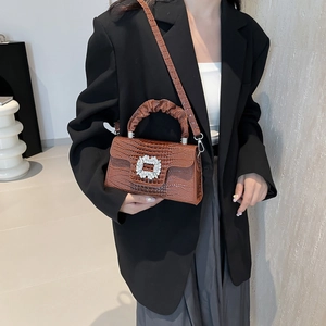 Brown crocodile texture leather handbag with crystal buckle and ruched top handle for women