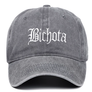 Vintage dark gray washed cotton baseball cap with white Bichota gothic embroidery