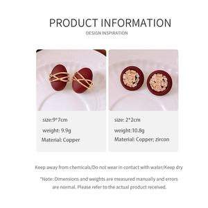 Détail des boucles d'oreilles rouges plaquées or 18 carats avec fiches techniques en cuivre